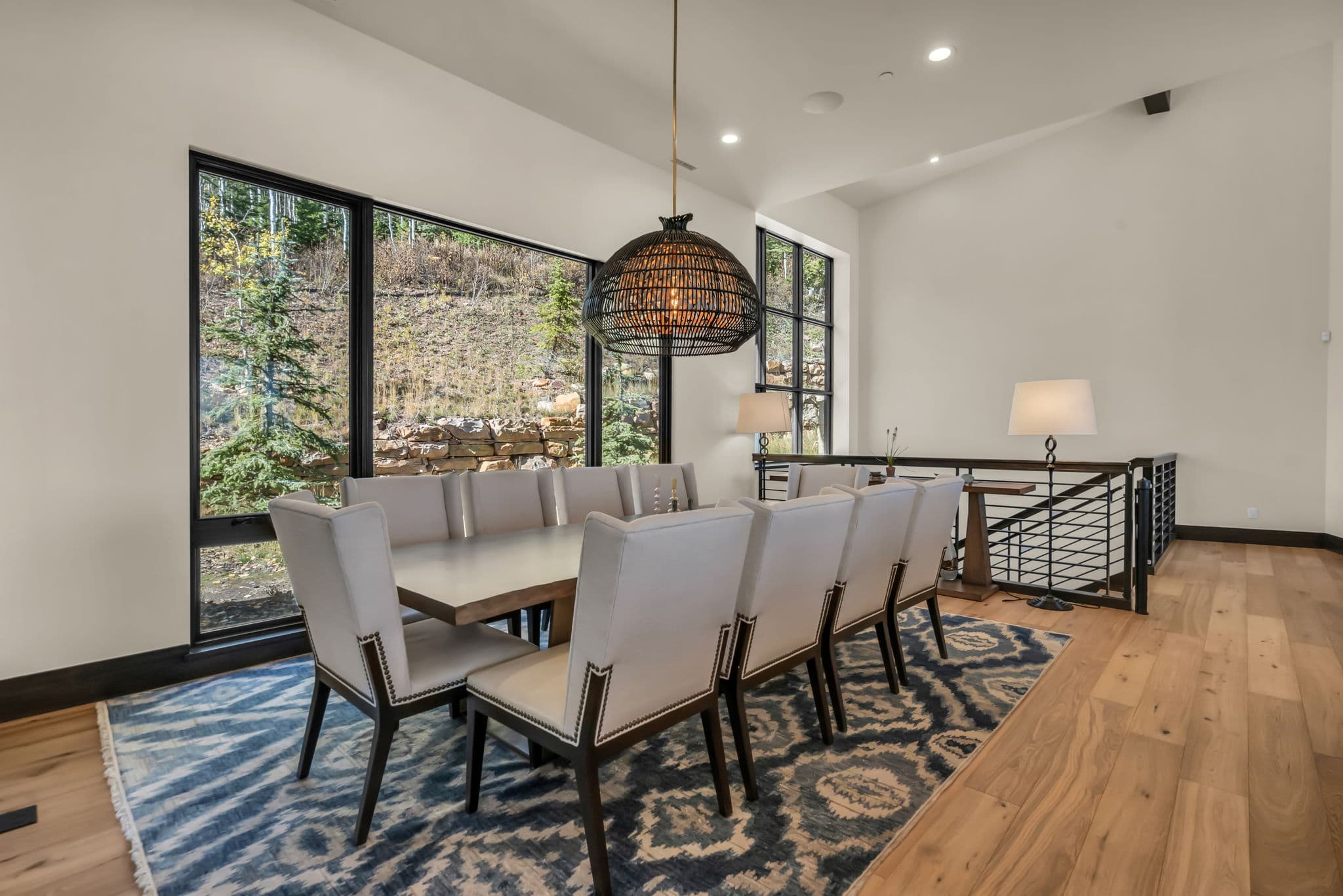 Dining Table, Chairs and Pending Lamps