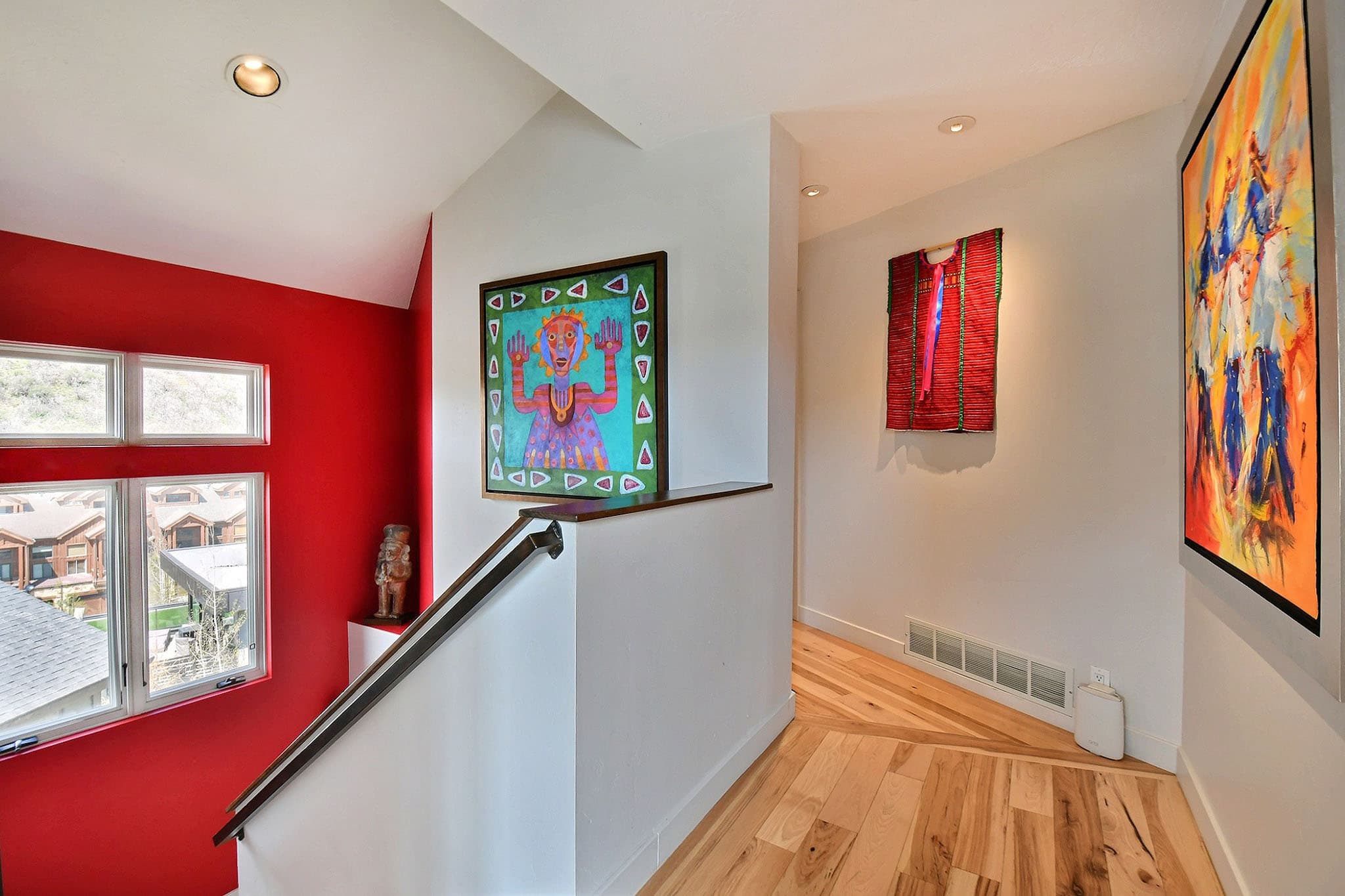 Hallway with Three Paintings, Stairs, Wooden Floor